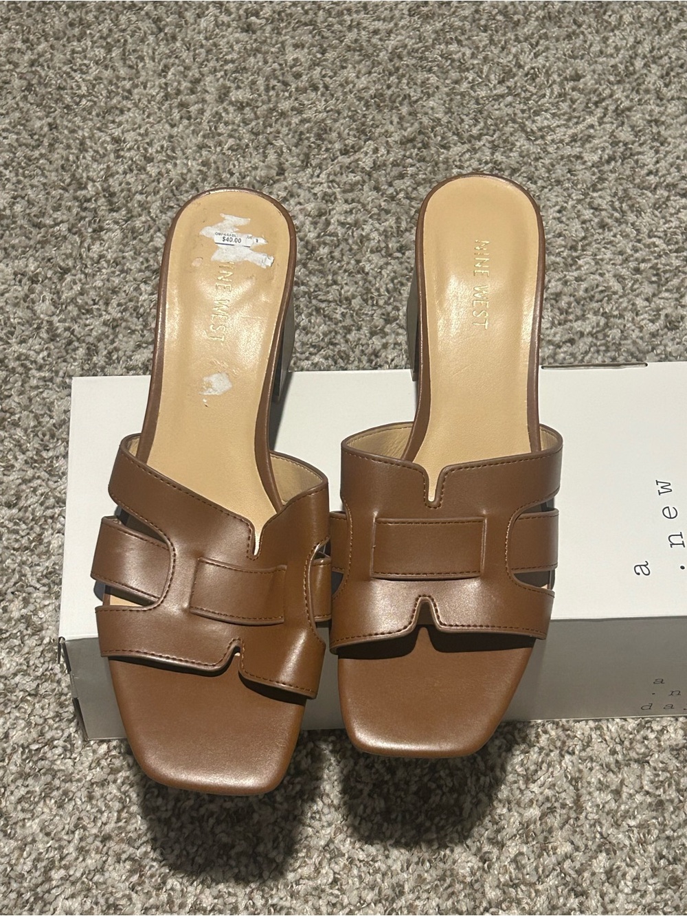 Nine West Tan Brown Leather Slide Mules